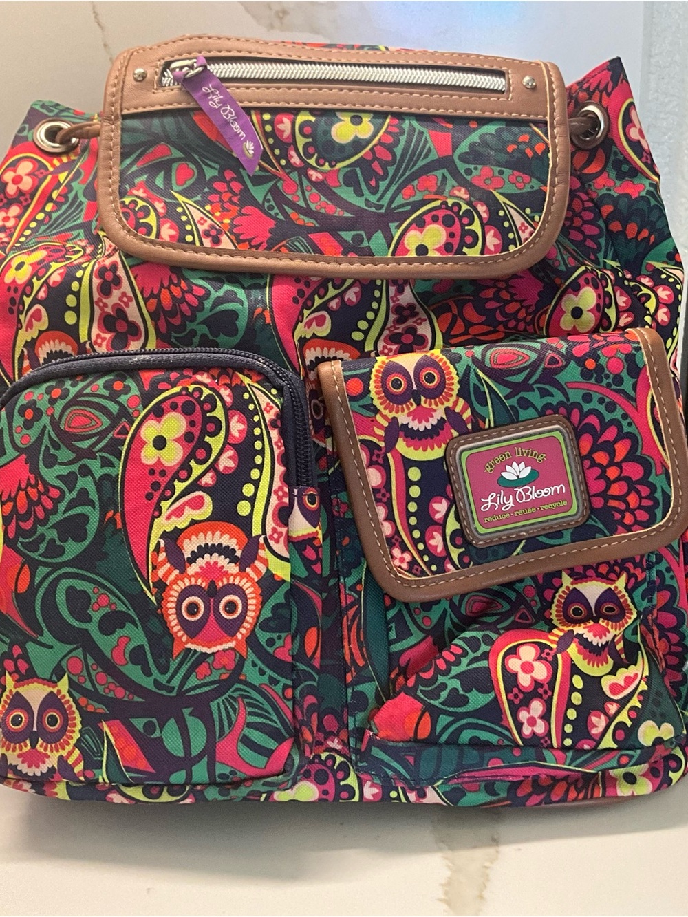 Lily Bloom Multicolor Owl Paisley Backpack in Green, Red, Pink, Yellow